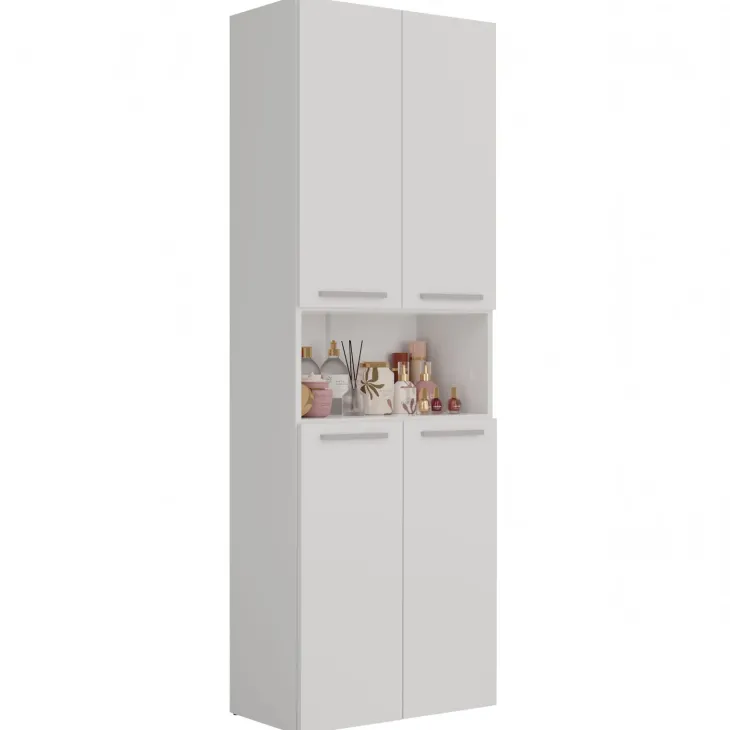 Armadio lavanderia 60x174h cm con cesto porta biancheria e 3 ante e vano a giorno bianco Grangy