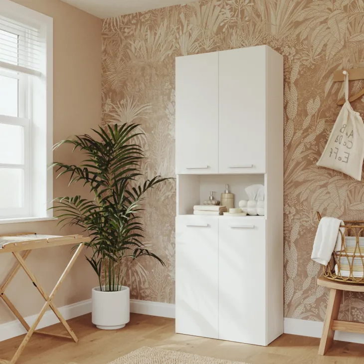 Armadio lavanderia 60x174h cm con cesto porta biancheria e 3 ante e vano a giorno bianco Grangy