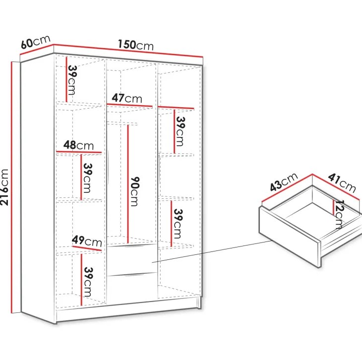 Armadio 150x216h cm 3 ante battenti 2 cassetti bianco opaco Ampy