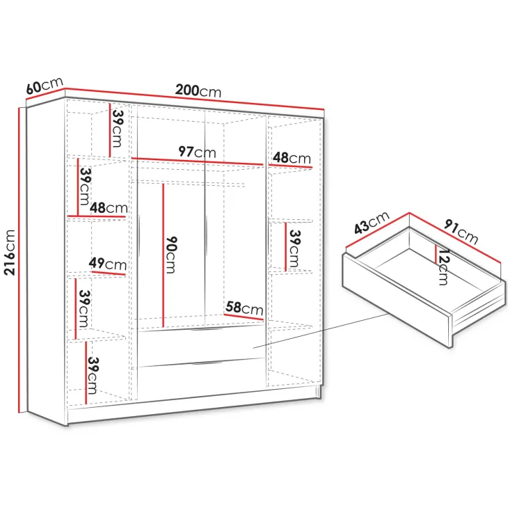 Armadio 200x216h cm 4 ante battenti 2 cassetti bianco opaco Ampy