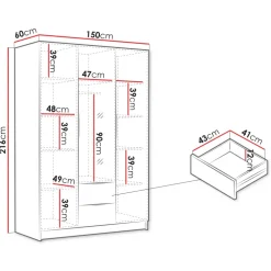 Armadio 150x216h cm 3 ante battenti con specchio 2 cassetti rovere Ampy