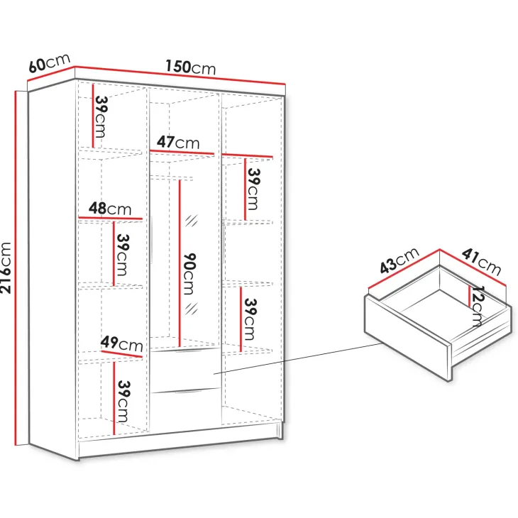 Armadio 150x216h cm 3 ante battenti con specchio 2 cassetti rovere Ampy