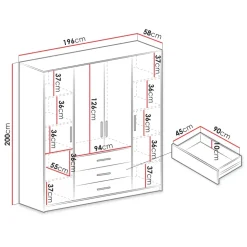 Armadio 196x200h cm 4 ante 3 cassetti con specchio bianco Sottosogno