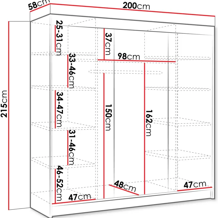 Armadio 200x215h cm 3 ante scorrevoli con specchio bianco opaco rovere Silven