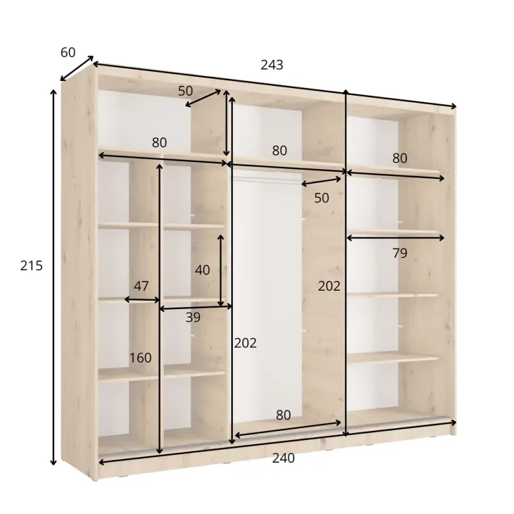 Armadio 248x215h cm 3 ante scorrevoli cannettato con specchio nero rovere Vance