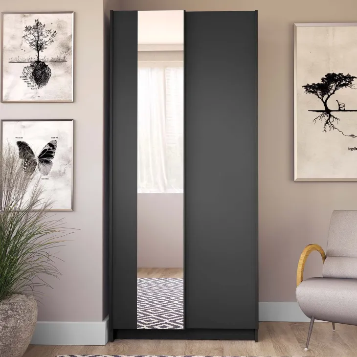 Armadio 80x182h cm 2 ante scorrevoli con specchio nero Medora