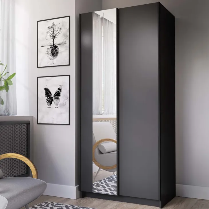 Armadio 80x182h cm 2 ante scorrevoli con specchio nero Medora