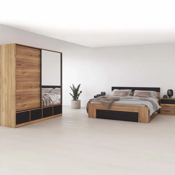 Armadio 200x209h cm 2 ante scorrevoli con specchio 4 cassetti rovere nero Yve