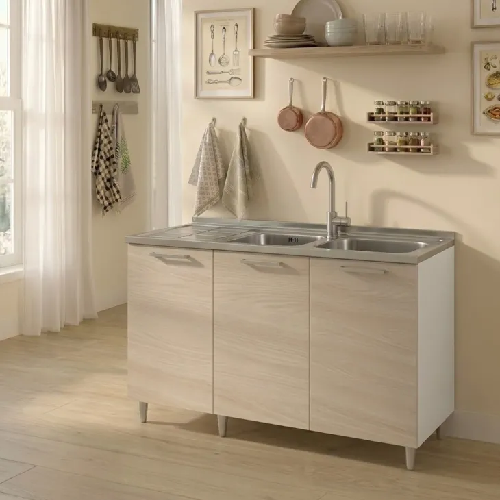 Base sottolavello 120x83h cm con doppio lavello e gocciolatoio a sinistra 3 ante bianco rovere olmo Talise