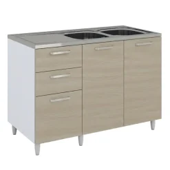 Base sottolavello 120x83h cm con doppio lavello e gocciolatoio a sinistra 2 ante 3 cassetti bianco rovere olmo Talise