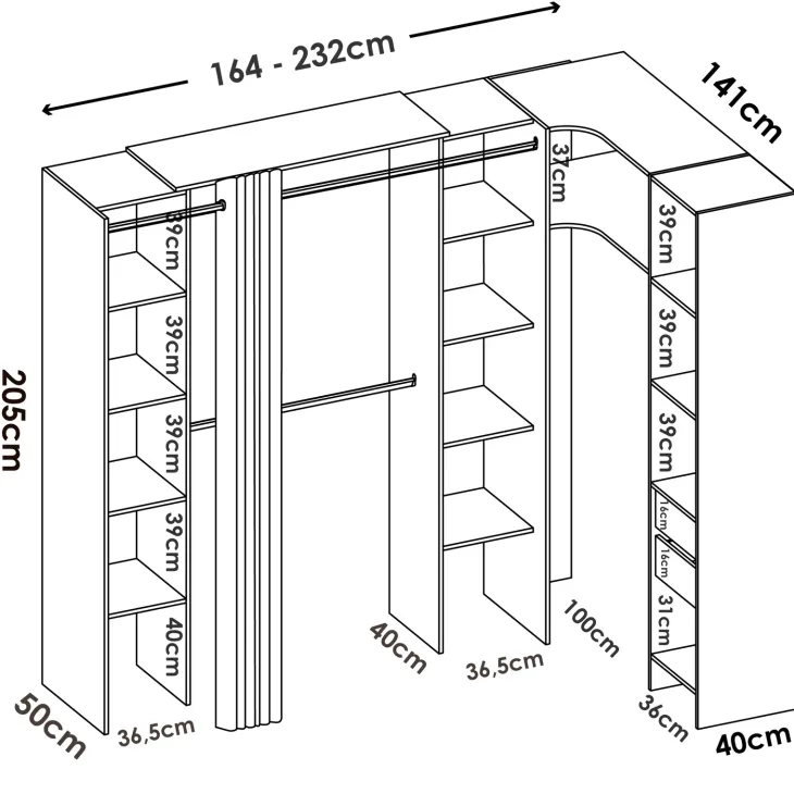 Cabina armadio angolare allungabile 164/232x205h cm con tenda bianco Rivo