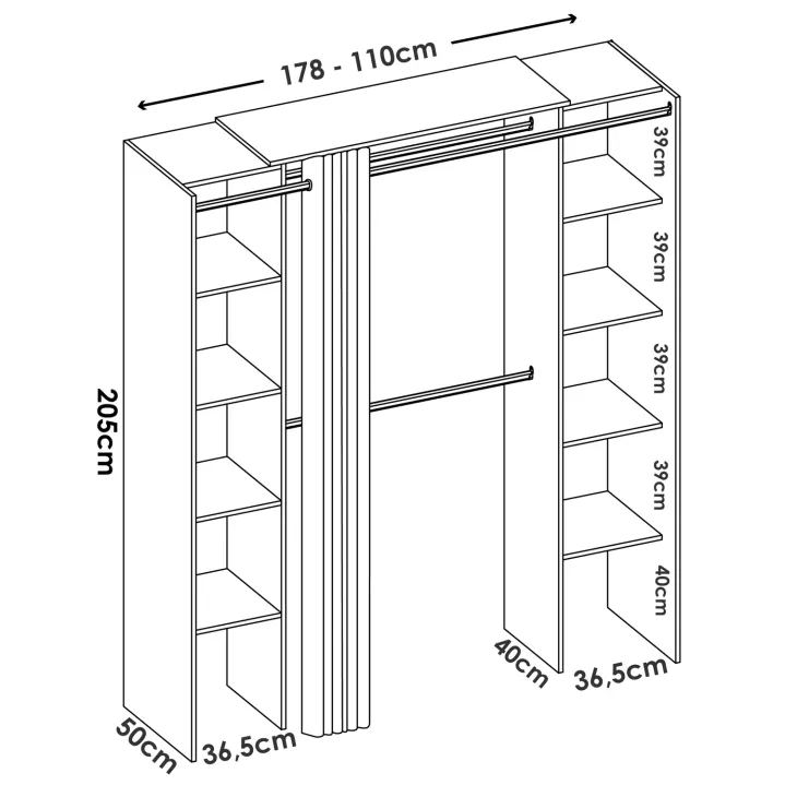 Cabina armadio angolare allungabile 164/232x205h cm con tenda bianco Rivo