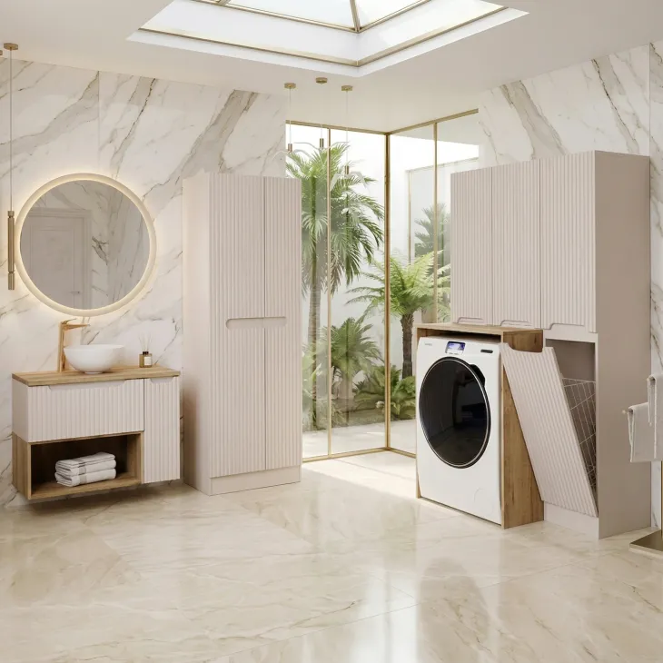 Colonna bagno lavanderia 35x180h cm con portabiancheria cannettato beige Cleany