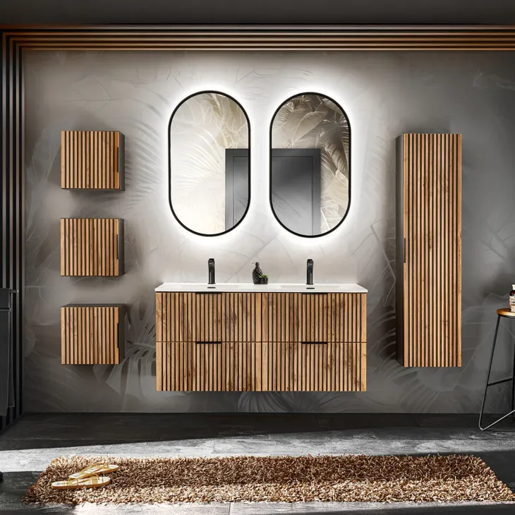 Colonna bagno sospesa 35x140h cm cannettato 1 anta quercia antracite Limpid
