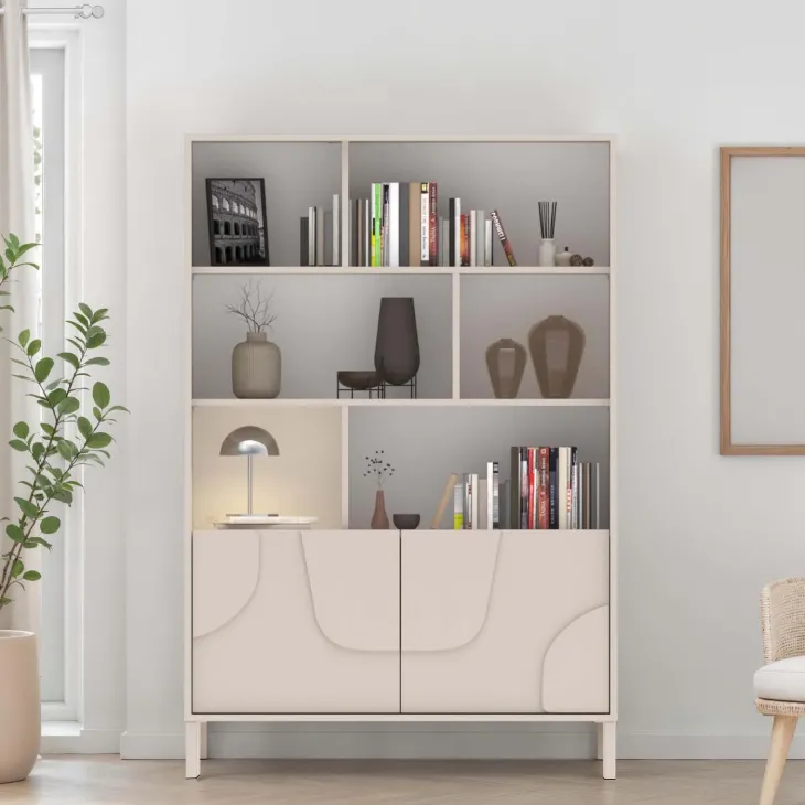 Credenza alta 105x155h cm 2 ante con vani a vista design in rilievo con piedini beige cashmere Sonia