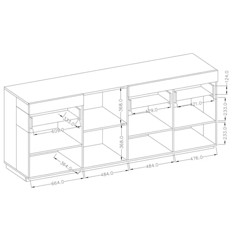 Credenza 219x85h cm 4 ante 2 cassetti bianco lucido rovere Bahama