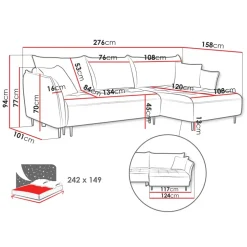 Divano letto angolare destro 3 posti 276x158cm tessuto grigio Angle