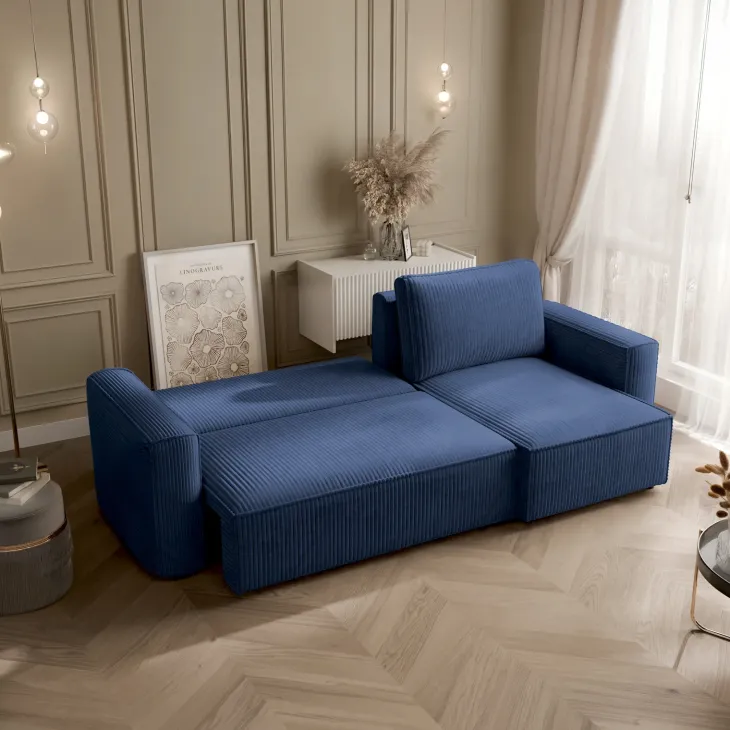 Divano letto angolare reversibile 243x142cm velluto a coste blu Ofelia