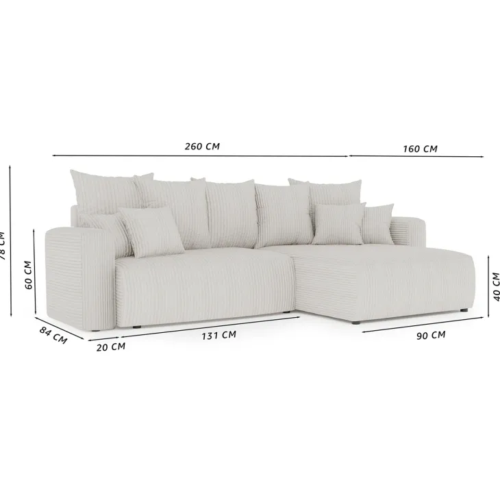 Divano letto angolare reversibile 260x160cm velluto a coste rosa antico Scintilla