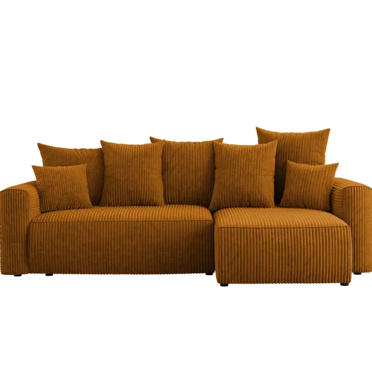 Divano letto angolare reversibile 238x142cm velluto a coste con libreria a sinistra giallo senape Mistery