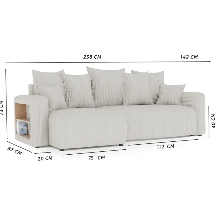Divano letto angolare reversibile 238x142cm velluto a coste con libreria a sinistra marrone Mistery