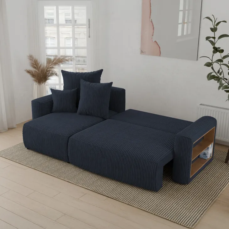 Divano letto angolare reversibile 238x142cm velluto a coste con libreria a destra nero Mistery