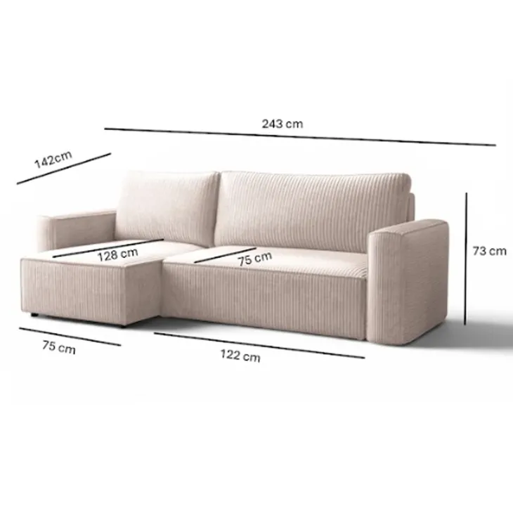 Divano letto angolare reversibile 243x142cm velluto a coste beige Ofelia