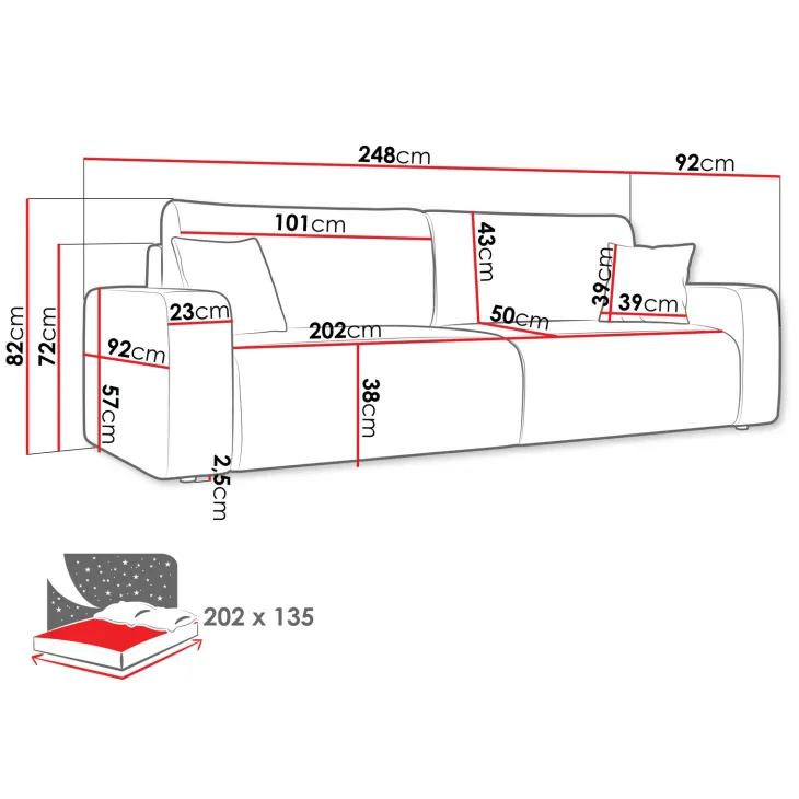 Divano letto matrimoniale 3 posti 248x90cm velluto a coste tortora Slurp