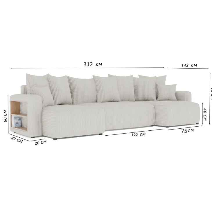 Divano letto panoramico 312x142cm velluto a coste con libreria a sinistra marrone Mistery