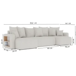 Divano letto panoramico 312x142cm velluto a coste con libreria a destra grigio chiaro Mistery