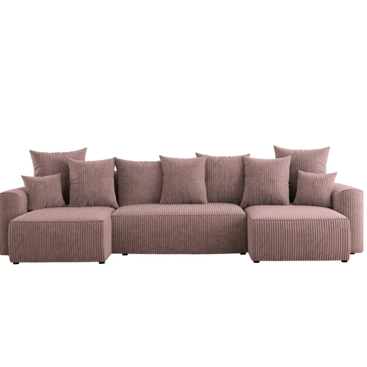Divano letto panoramico 312x142cm velluto a coste con libreria a destra rosa antico Mistery
