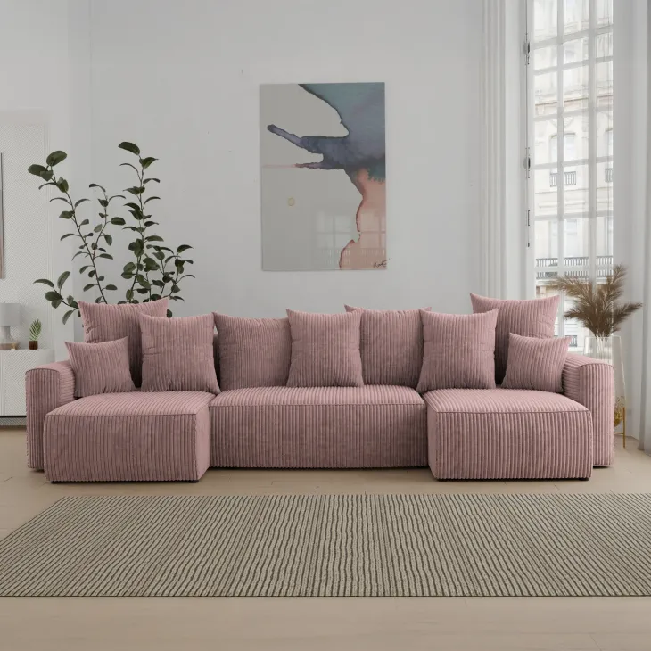 Divano letto panoramico 312x142cm velluto a coste con libreria a destra rosa antico Mistery
