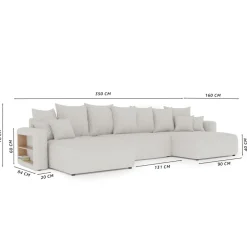 Divano letto panoramico 350x160cm velluto a coste con libreria a sinistra grigio chiaro Mistery