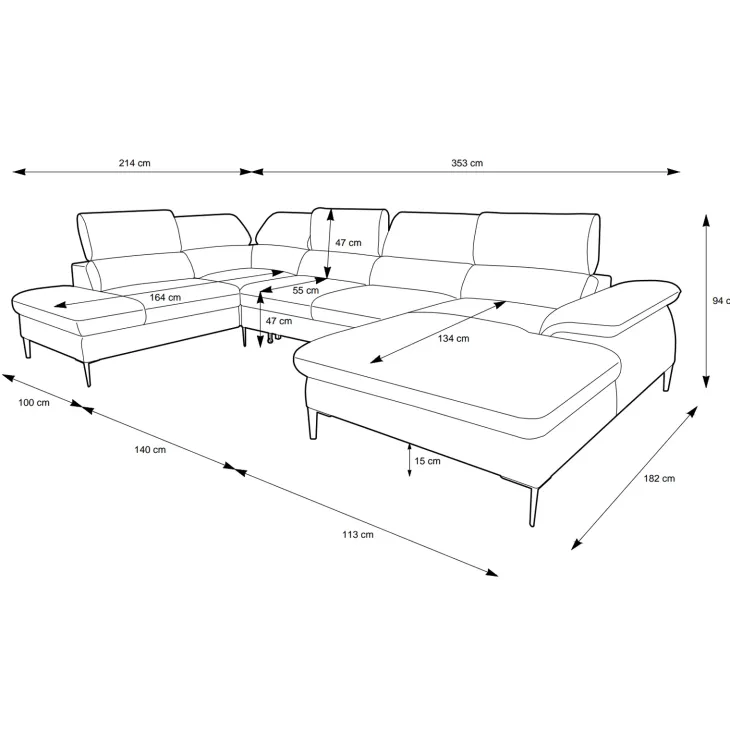 Divano letto regolabile angolare sinistro 5 posti 353x214cm tessuto giallo senape Calmora
