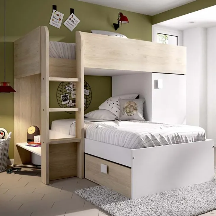 Letto a castello per bambini con armadio 255x112cm rovere bianco Sole