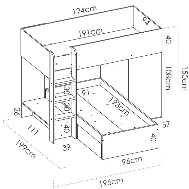 Letto a castello per bambini con armadio 255x112cm rovere grafite Sole
