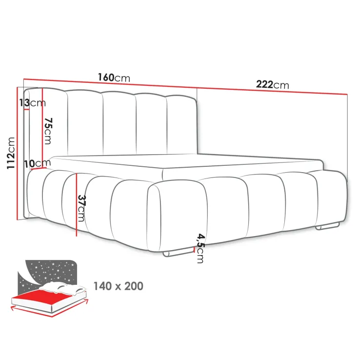Letto alla francese 140x200 cm con rete contenitore imbottito nero Cometa
