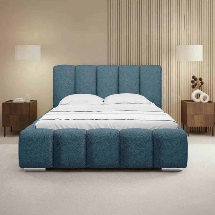 Letto alla francese 140x200 cm con rete contenitore imbottito tessuto bouclé blu Cometa