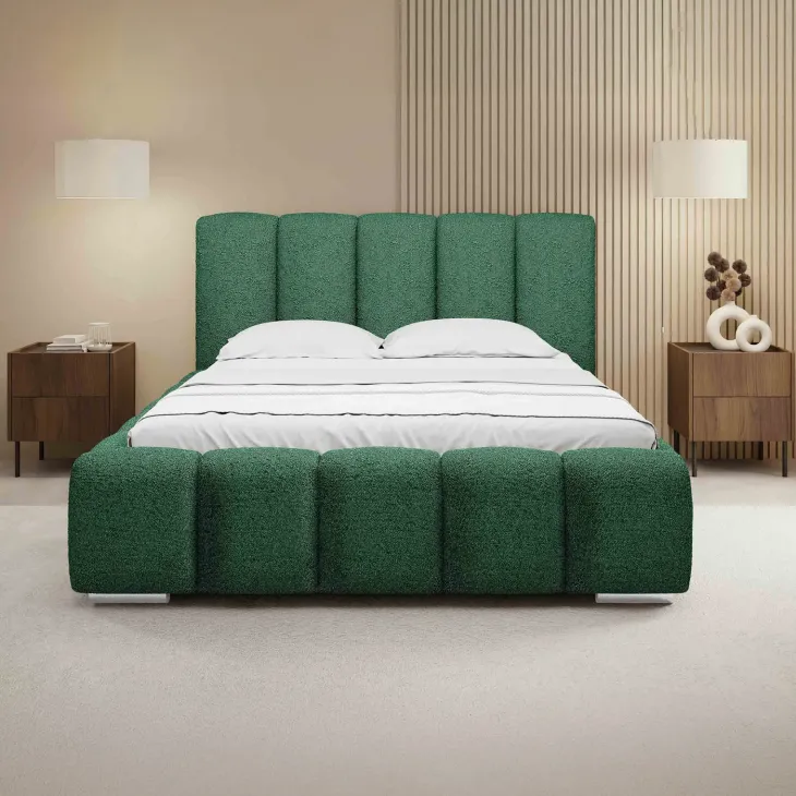 Letto alla francese 140x200 cm con rete contenitore imbottito tessuto bouclé verde Cometa
