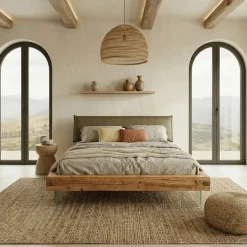 Letto alla francese 140x200cm testiera imbottita piedi in vetro legno massello rovere tortora Resilia