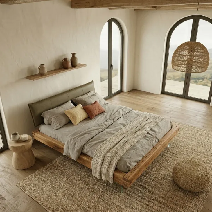 Letto alla francese 140x200cm testiera imbottita piedi in vetro legno massello rovere tortora Resilia