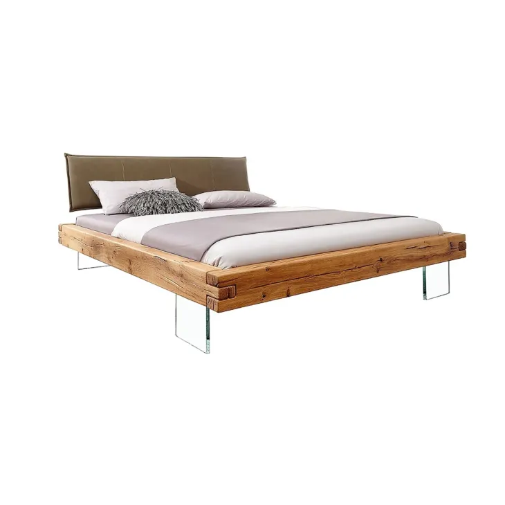 Letto alla francese 140x200cm testiera imbottita piedi in vetro legno massello rovere tortora Resilia
