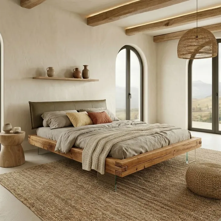 Letto alla francese 140x200cm testiera imbottita piedi in vetro legno massello rovere tortora Resilia
