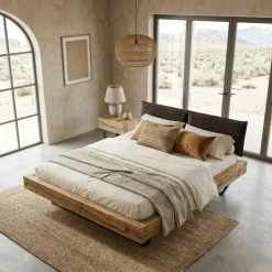 Letto alla francese 140x200cm testiera imbottita gambe in metallo legno massello rovere antracite Venalia