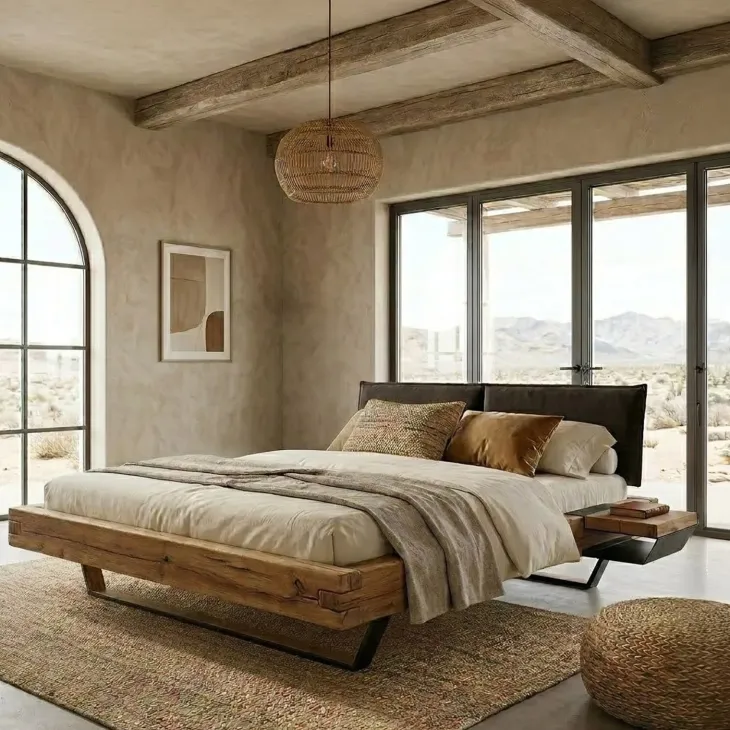 Letto alla francese 140x200cm testiera imbottita gambe in metallo legno massello rovere antracite Venalia