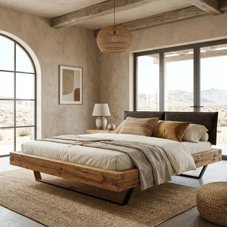 Letto alla francese 140x200cm testiera imbottita gambe in metallo legno massello rovere antracite Venalia
