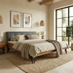 Letto alla francese 140x200cm testiera imbottita piedi in metallo legno massello rovere antracite Cortelia