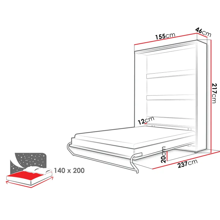 Letto a scomparsa verticale 140x200 cm alla francese grigio Chimera