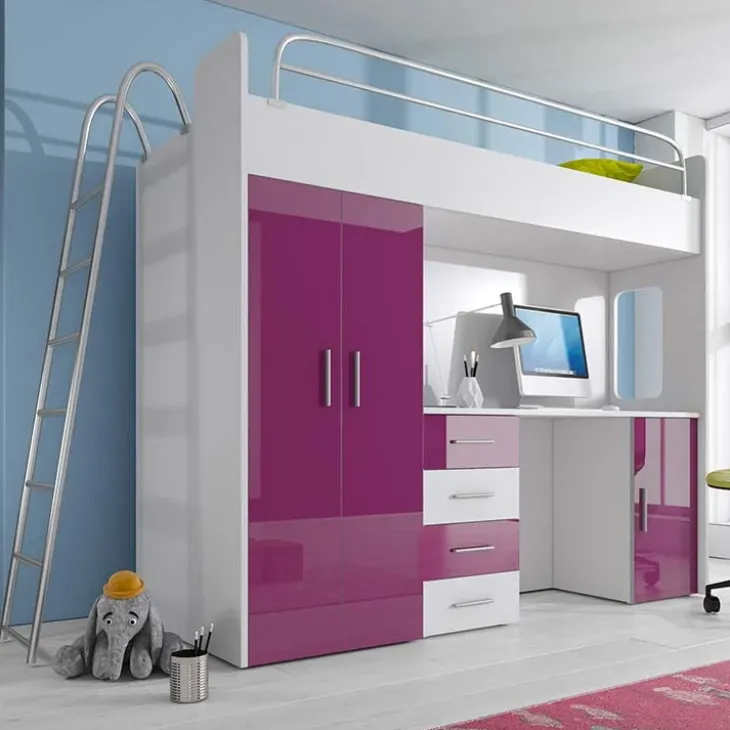 Letto a soppalco per bambini con armadio 204x86cm bianco viola Luca
