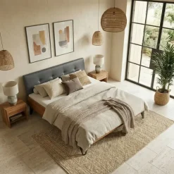 Letto king size 200x200cm testiera imbottita piedi in metallo legno massello rovere antracite Cortelia